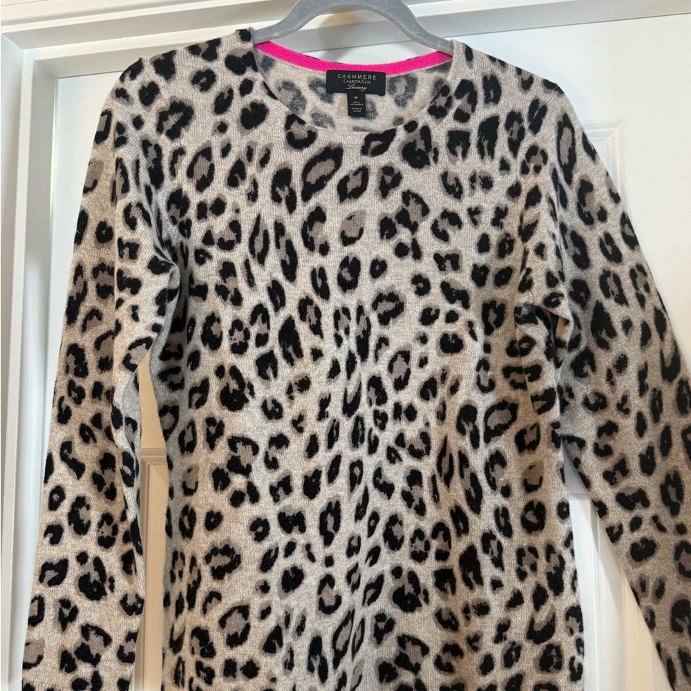 100% Cashmere Charter Club Leopard Print Crewneck Sweater